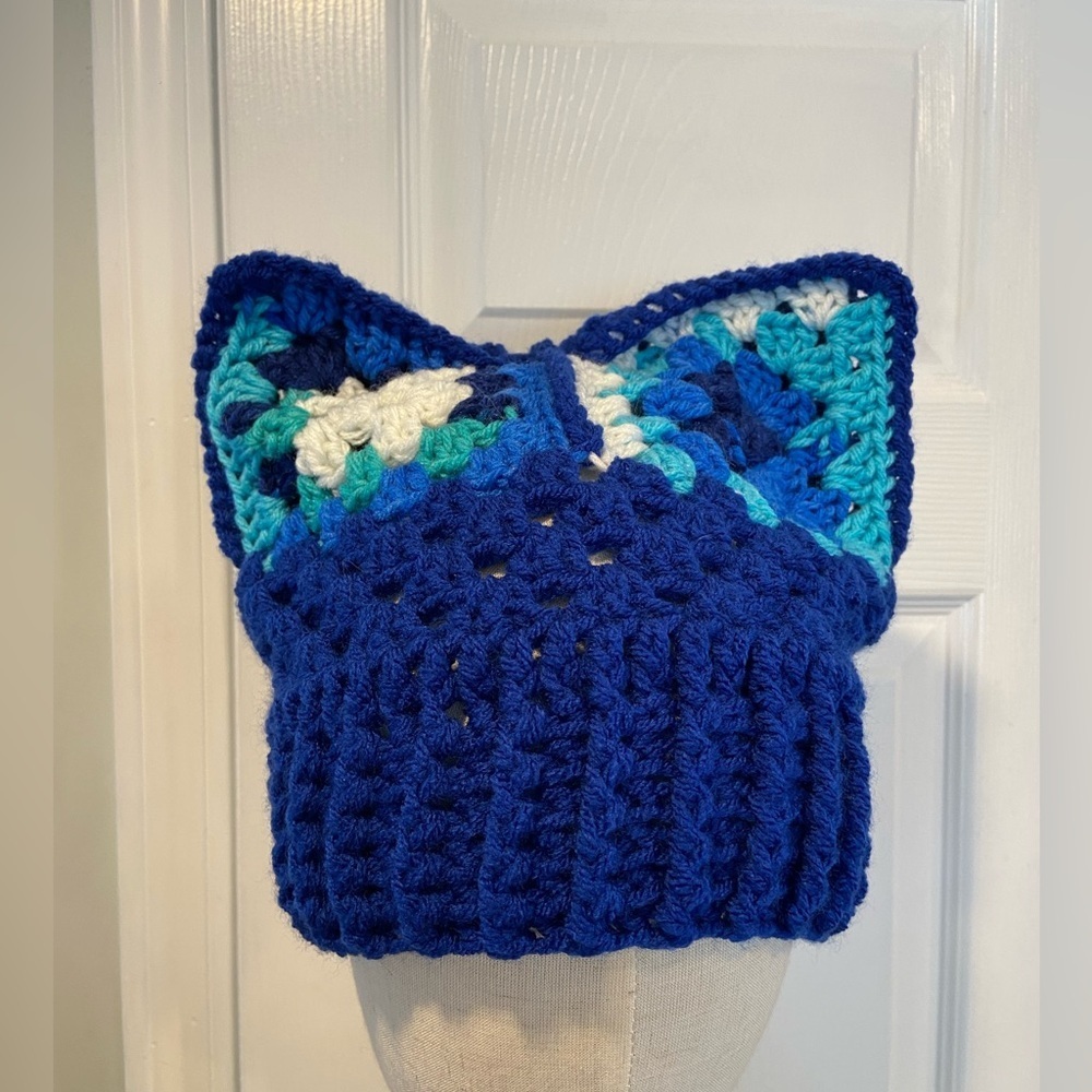 Handmade Crochet Cat Animal Ear Beanie Hat Cozy Ribbed Brim Stretch Winter Hat